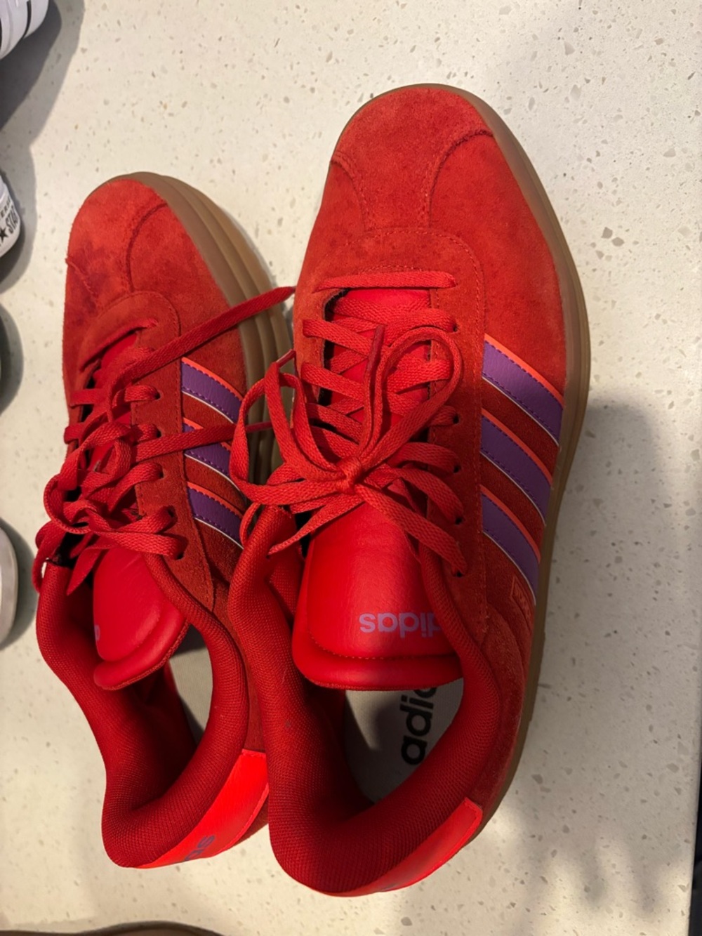 adidas Red Suede Sneakers with Purple Stripe Accents